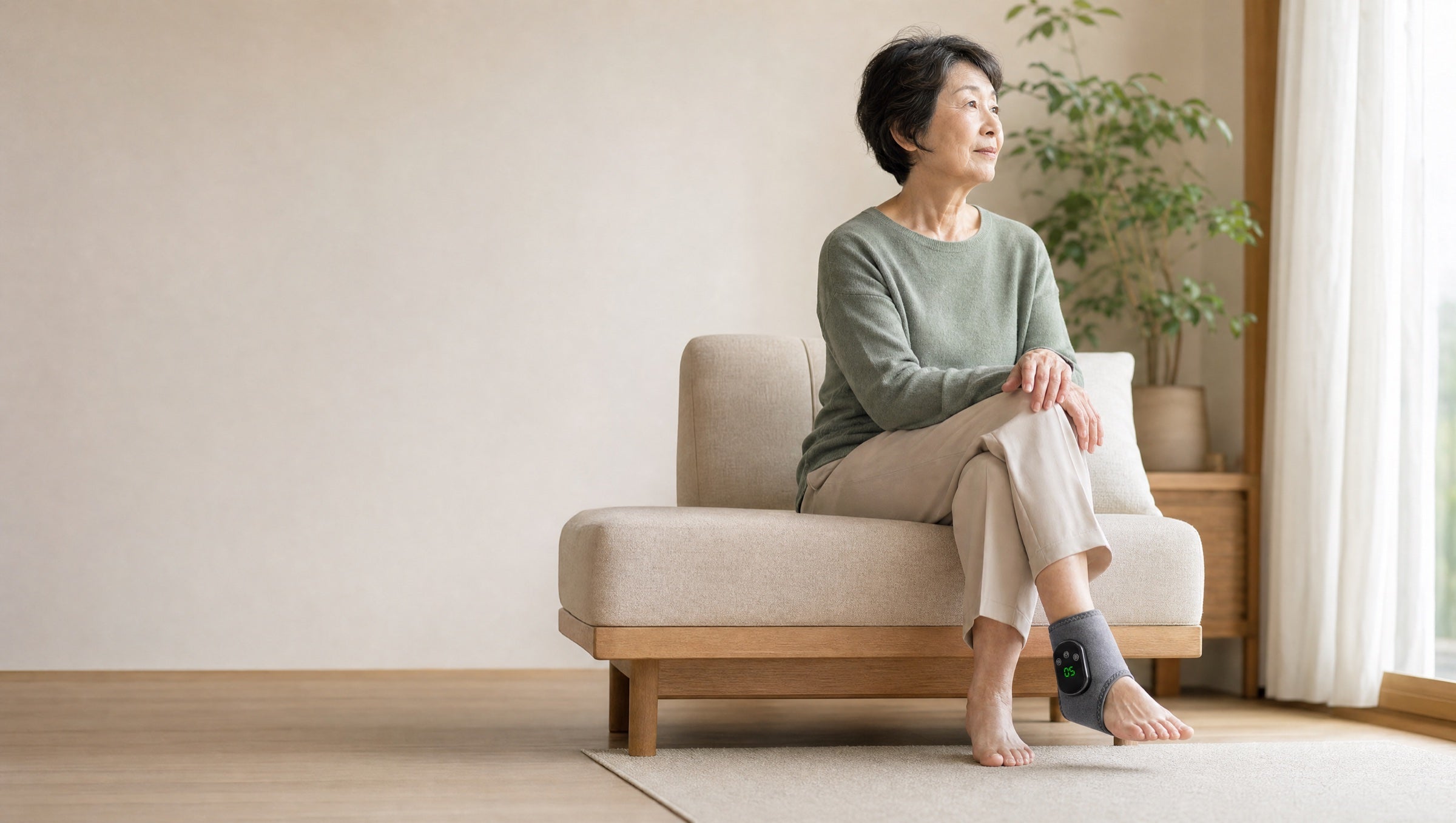 自宅でくつろぎながらEMSenseを使用する女性
